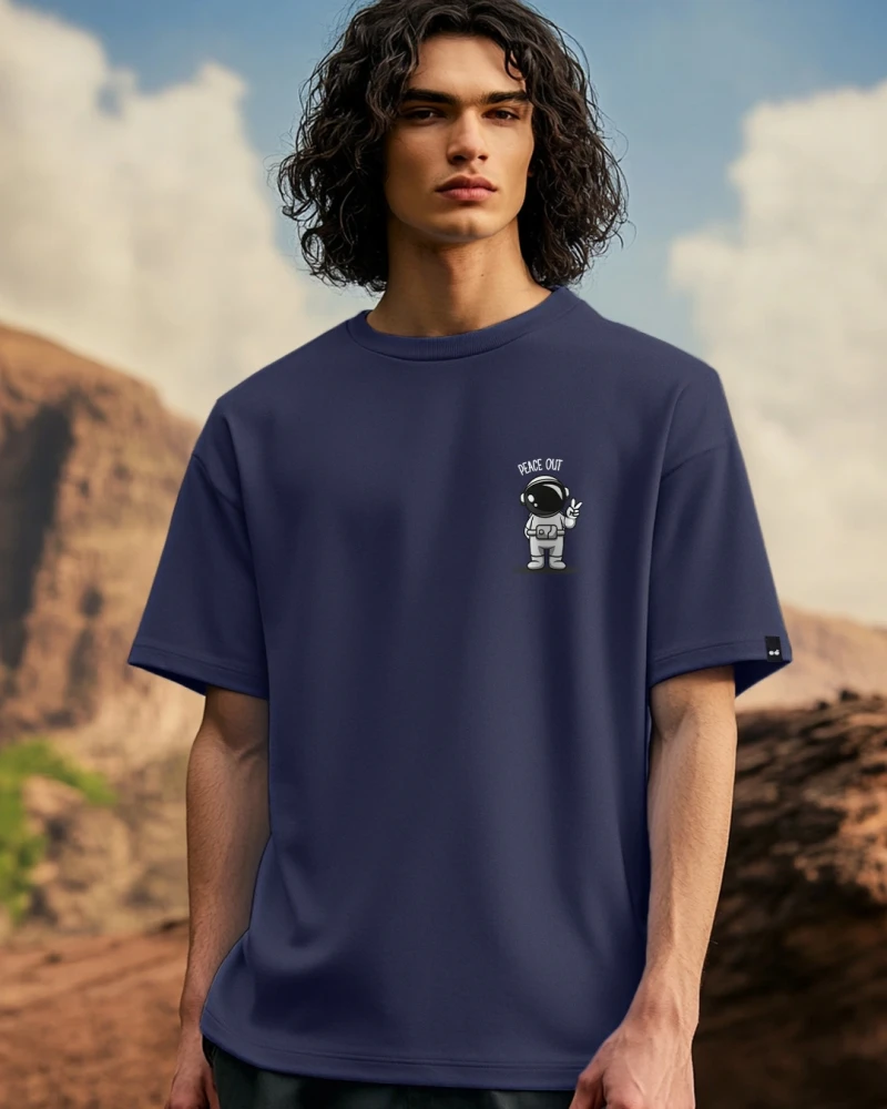 Mens Blue Peace Out Astronaut Graphic Printed Oversized T-shirt