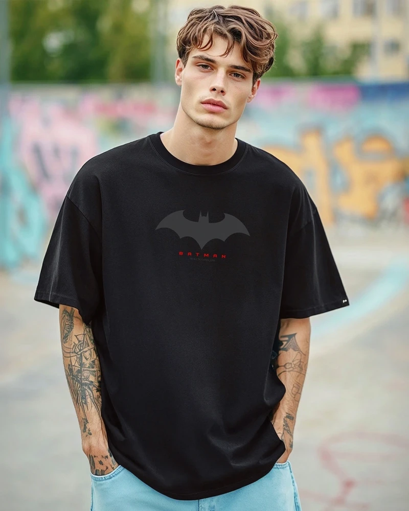 Mens Black Batman Outline Logo Graphic Printed Oversized T-shirt