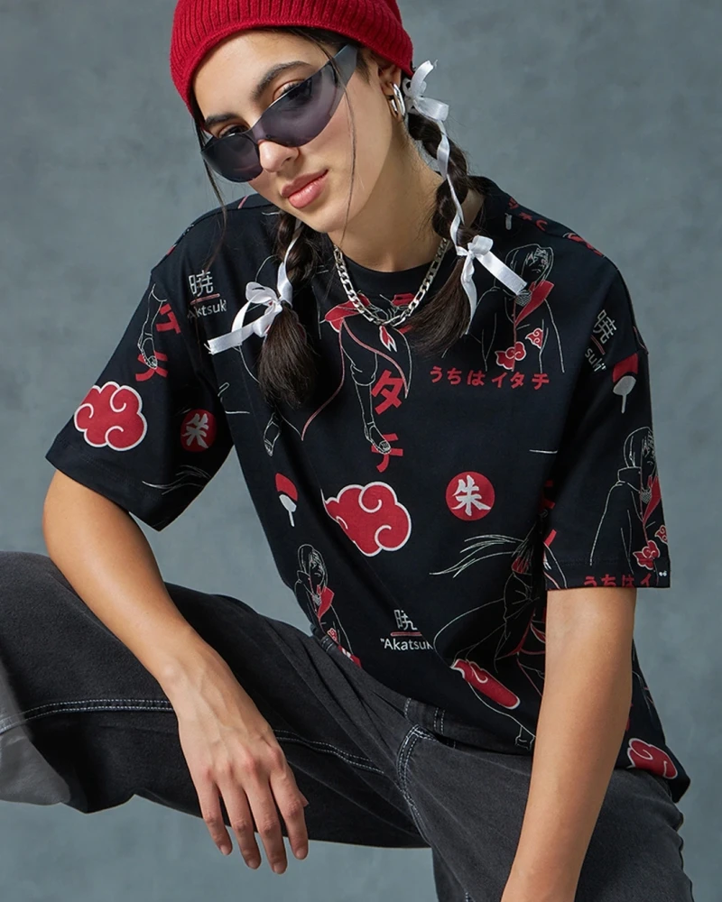 Womens Black All Over Printed Oversized T-shirt