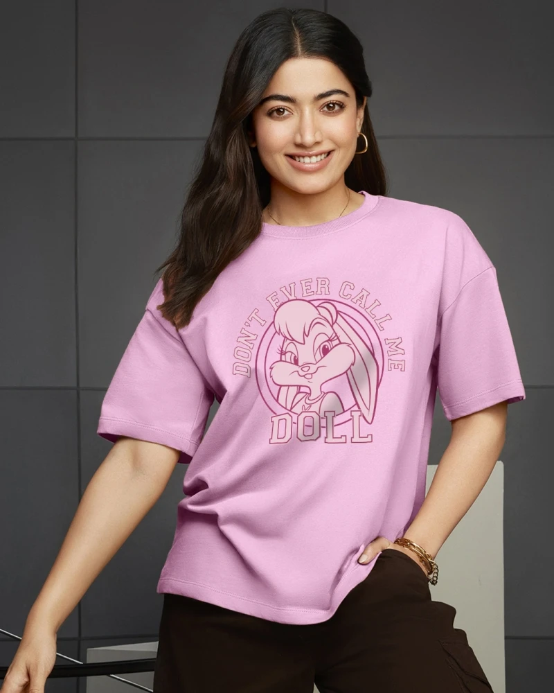 Womens Prism Pink Do not Ever Call Me Doll Graphic Printed Oversized T-shirt