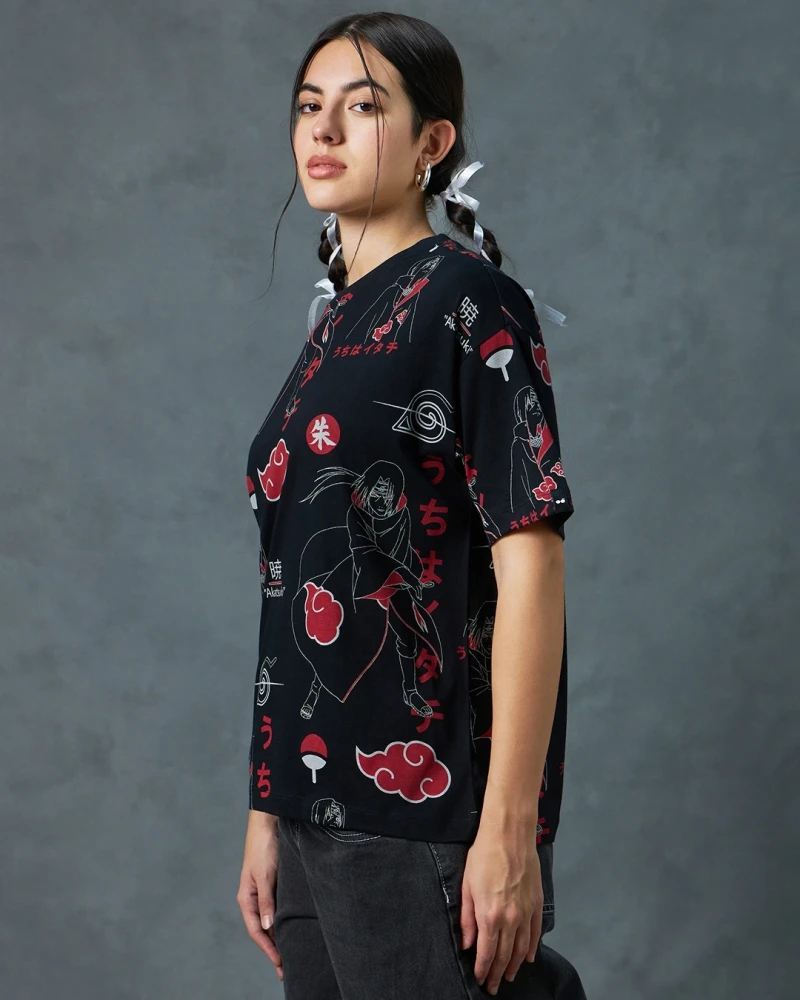 Womens Black All Over Printed Oversized T-shirt