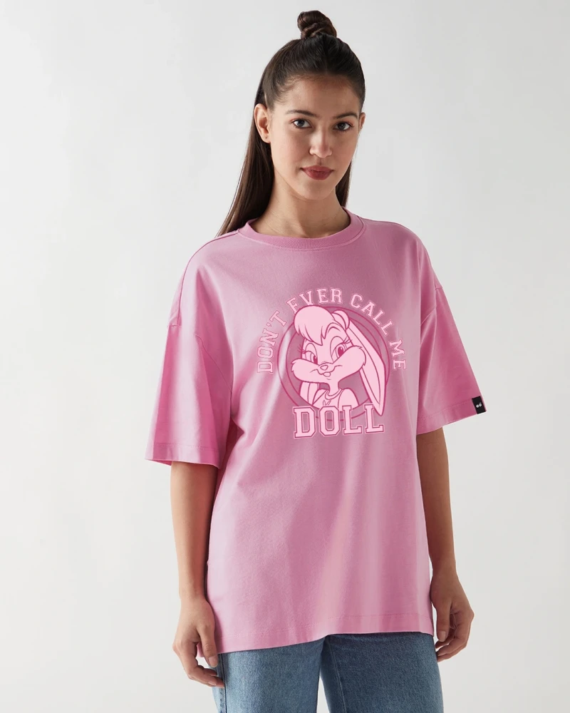 Womens Prism Pink Do not Ever Call Me Doll Graphic Printed Oversized T-shirt